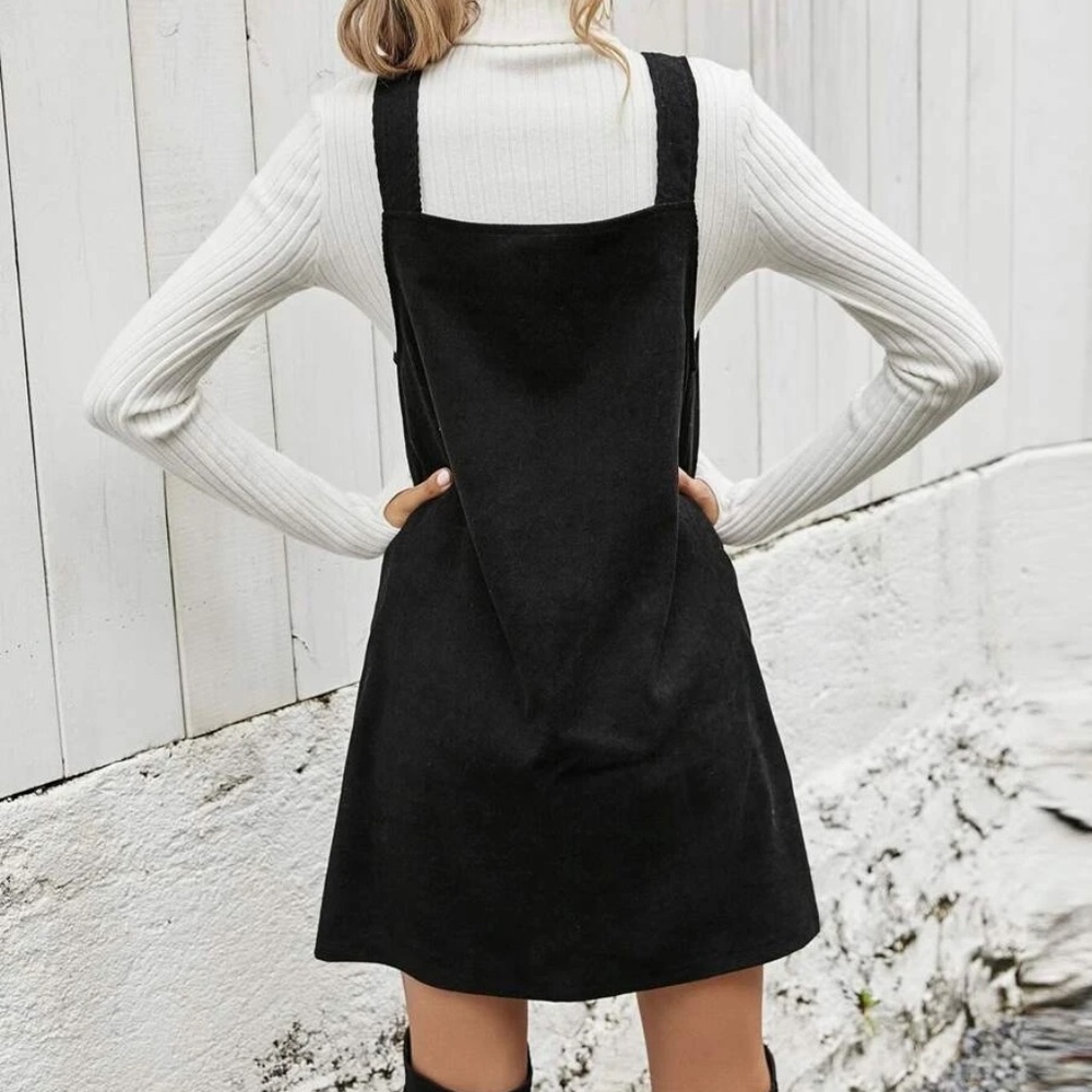 Black Button Corduroy Mini Dress - Picture 5 of 6